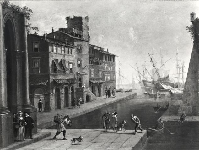 Anonimo — Scorza Sinibaldo - sec. XVII - Marina con porto, edifici, velieri e figure — insieme